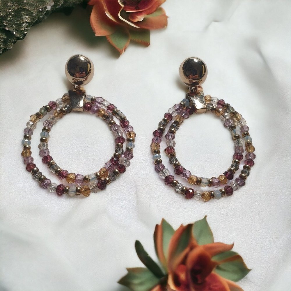 Beaded Hoop Earrings Gold Tone Vintage Earrings Womens Jewelry Costume Purple